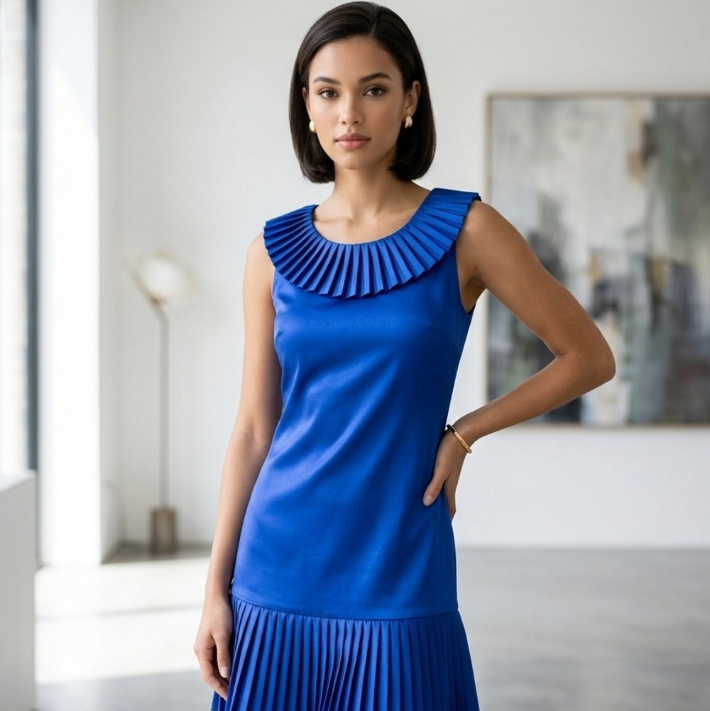 Betsey Johnson NEW Royal Blue Coquette Satiny Pleated Neck Hem Wool Blend 2 NWT